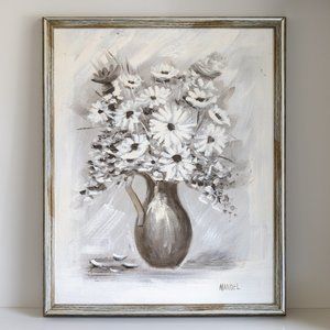 Original Vintage Daisy Floral Painting by Mandel – 24″×30″ Black, White & Gray